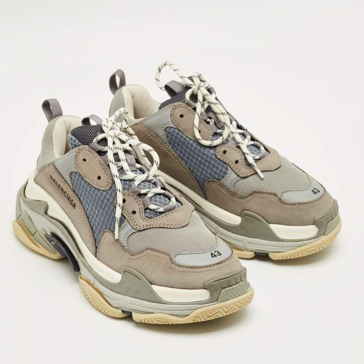 Pre Owned Balenciaga Grey/Blue Mesh and Leather Triple S Sneakers Size 43