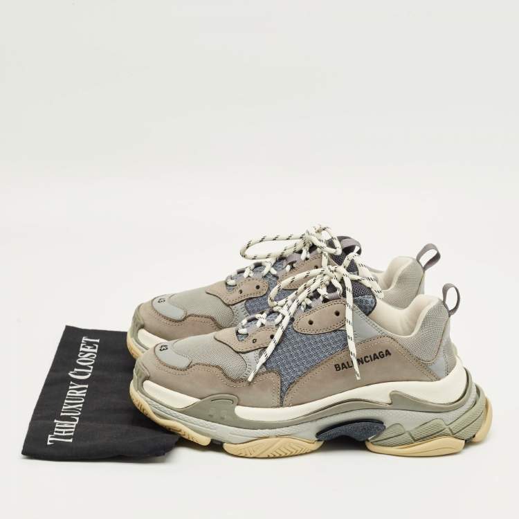 Pre Owned Balenciaga Grey/Blue Mesh and Leather Triple S Sneakers Size 43