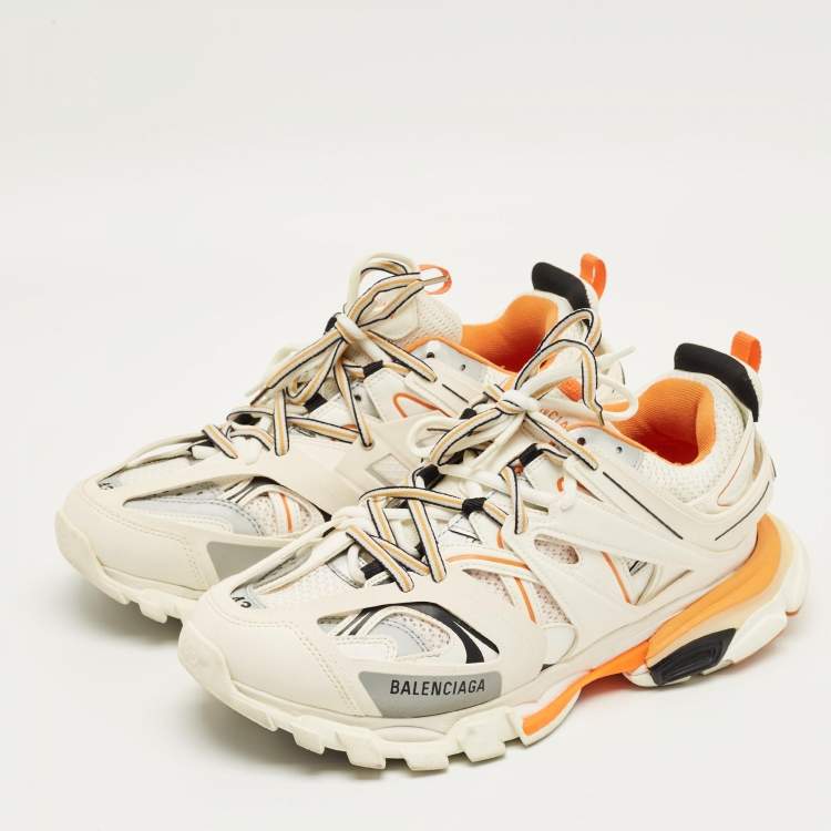 Pre Owned Balenciaga White/Orange Mesh and Faux Leather Track Sneakers Size 43
