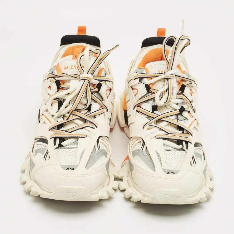 Pre Owned Balenciaga White/Orange Mesh and Faux Leather Track Sneakers Size 43