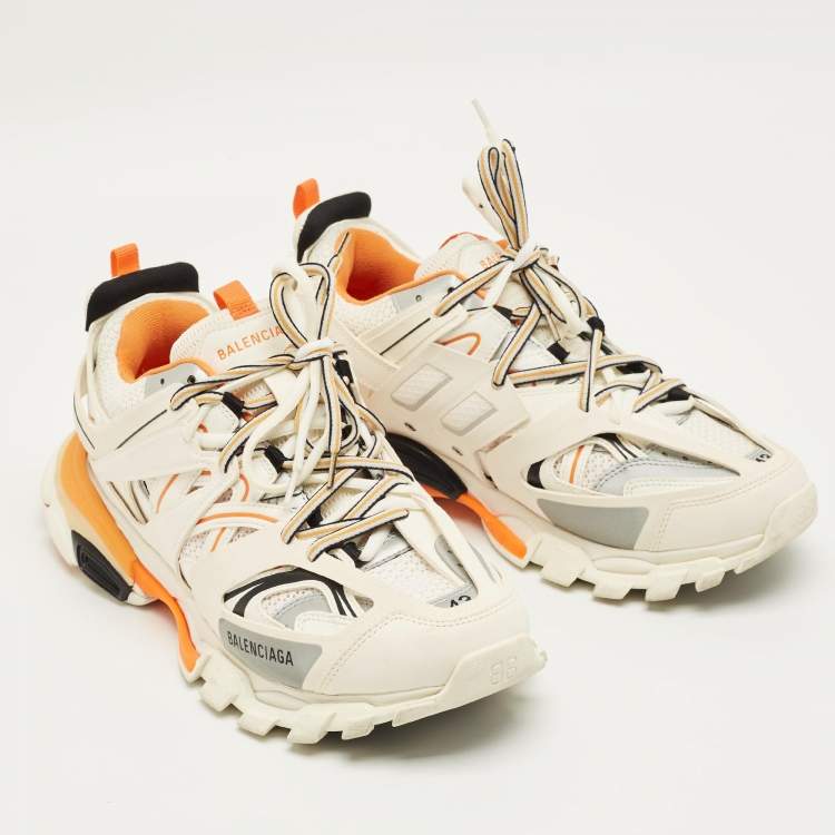 Pre Owned Balenciaga White/Orange Mesh and Faux Leather Track Sneakers Size 43