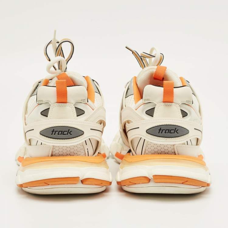 Pre Owned Balenciaga White/Orange Mesh and Faux Leather Track Sneakers Size 43