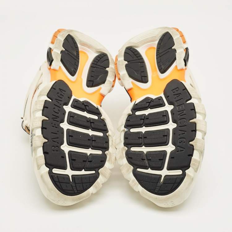 Pre Owned Balenciaga White/Orange Mesh and Faux Leather Track Sneakers Size 43