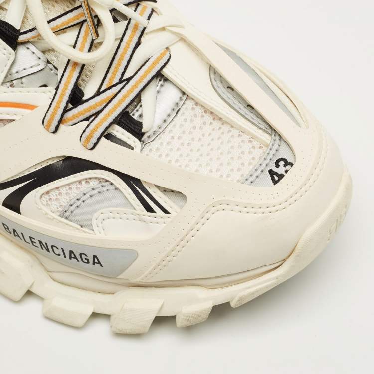 Pre Owned Balenciaga White/Orange Mesh and Faux Leather Track Sneakers Size 43