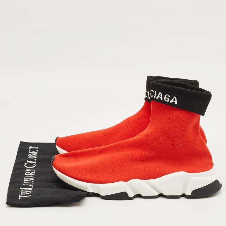 Pre Owned Balenciaga Red/Black Knit Fabric Speed Trainer Cuffed Sneakers Size 43