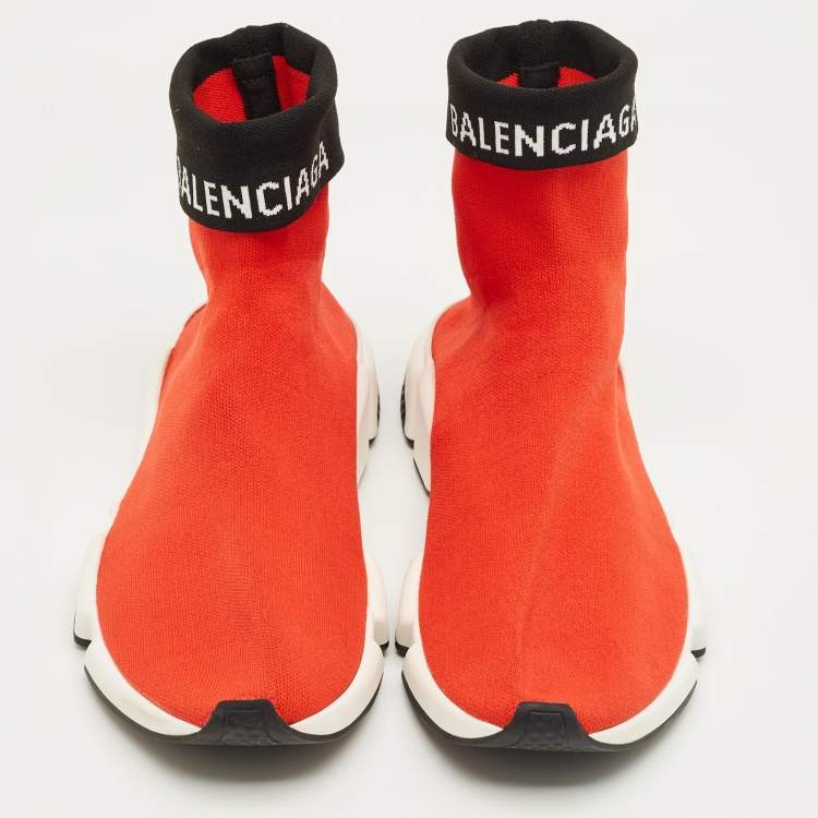 Pre Owned Balenciaga Red/Black Knit Fabric Speed Trainer Cuffed Sneakers Size 43