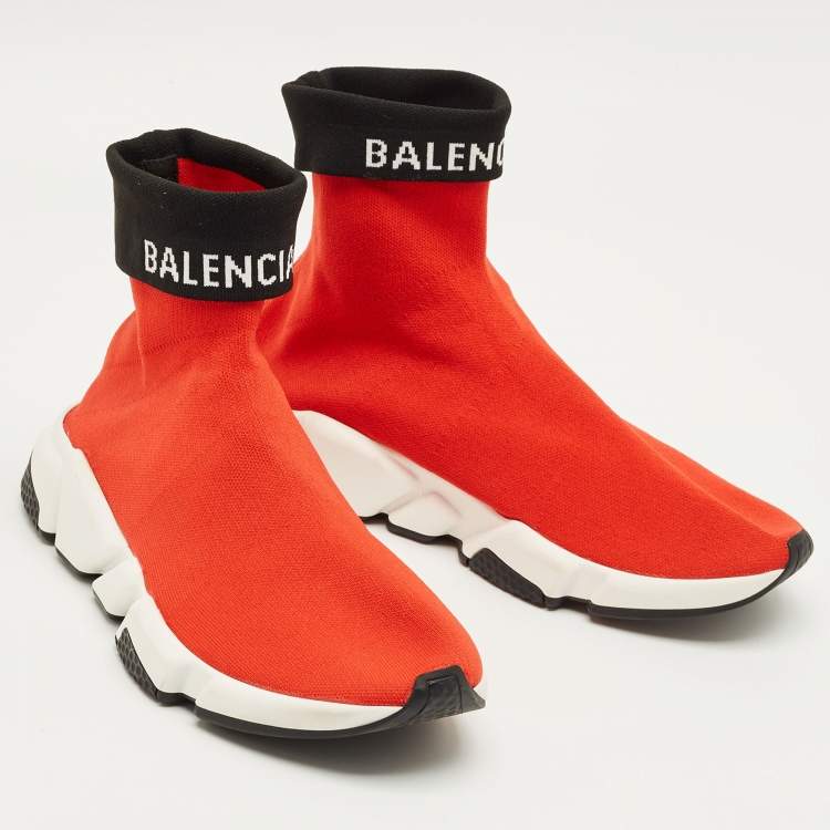 Pre Owned Balenciaga Red/Black Knit Fabric Speed Trainer Cuffed Sneakers Size 43