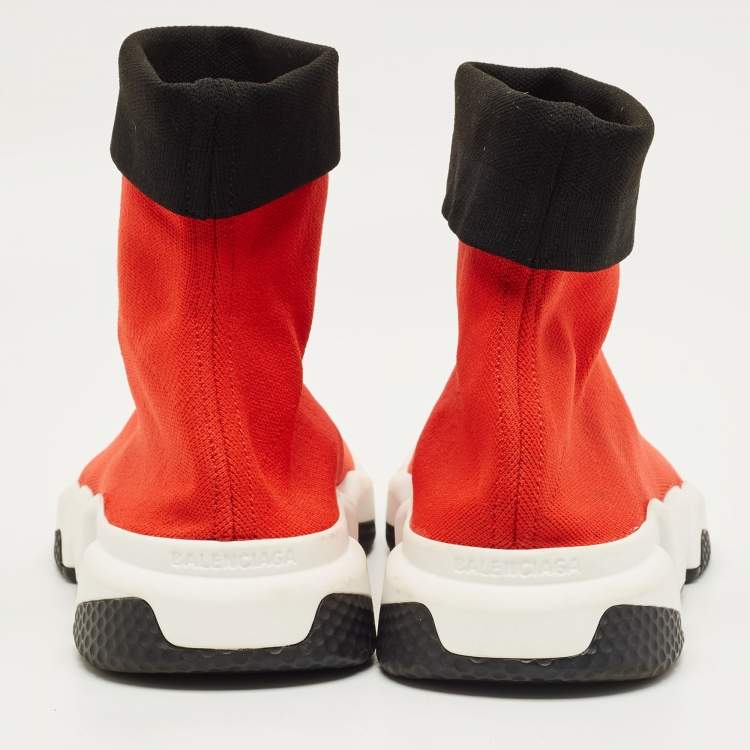 Pre Owned Balenciaga Red/Black Knit Fabric Speed Trainer Cuffed Sneakers Size 43