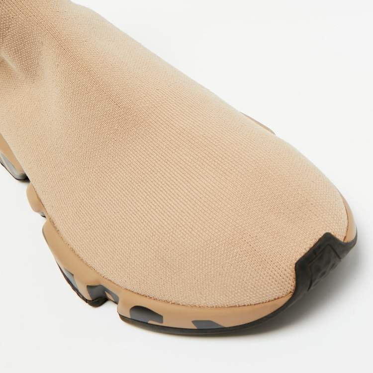 Pre Owned Balenciaga Beige Knit Fabric Speed 2.0 Lace Up High Top Sneakers Size 44