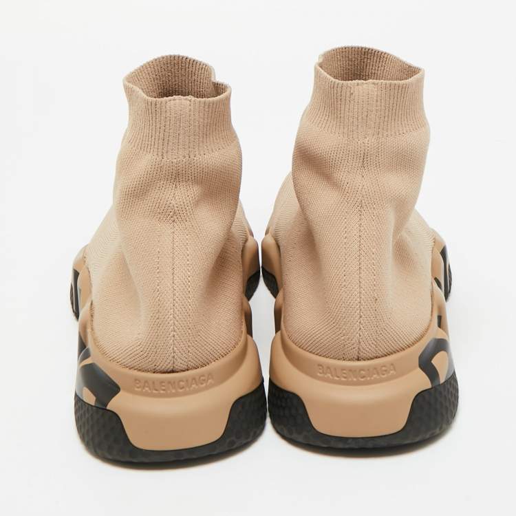 Pre Owned Balenciaga Beige Knit Fabric Speed 2.0 Lace Up High Top Sneakers Size 44