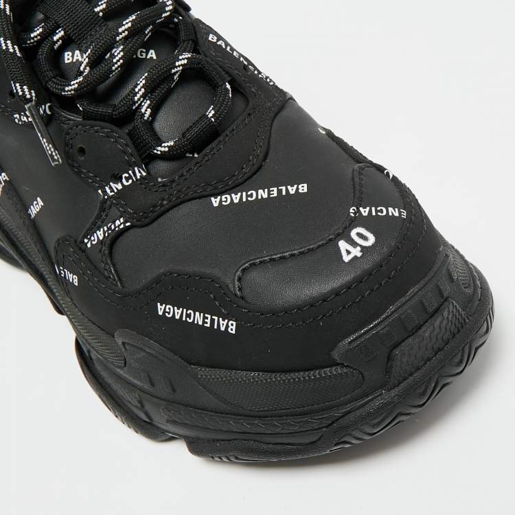Pre Owned Balenciaga Black Faux Leather Allover Logo Triple S Sneakers Size 40
