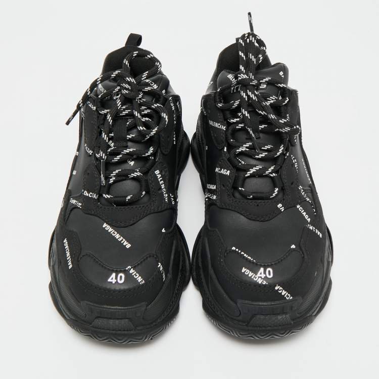 Pre Owned Balenciaga Black Faux Leather Allover Logo Triple S Sneakers Size 40