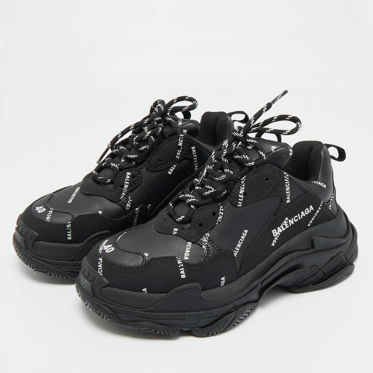 Pre Owned Balenciaga Black Faux Leather Allover Logo Triple S Sneakers Size 40