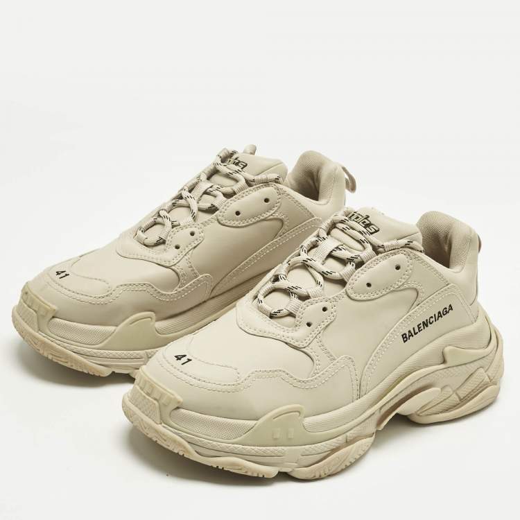 Pre Owned Balenciaga Beige Faux Leather Triple S Sneakers Size 41