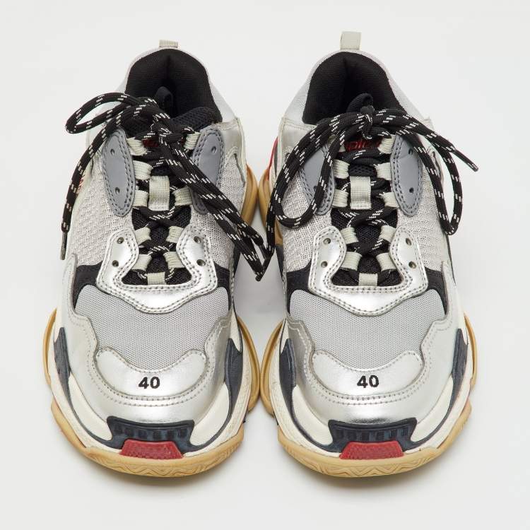 Pre Owned Balenciaga Grey/Silver Mesh and Faux Leather Triple S Lace Up Sneakers Size 40