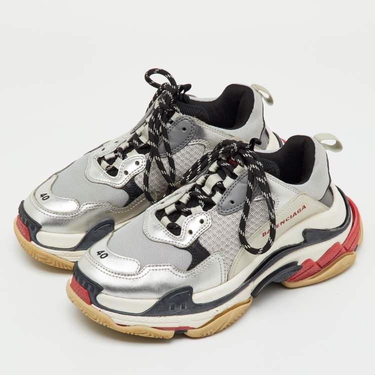 Pre Owned Balenciaga Grey/Silver Mesh and Faux Leather Triple S Lace Up Sneakers Size 40