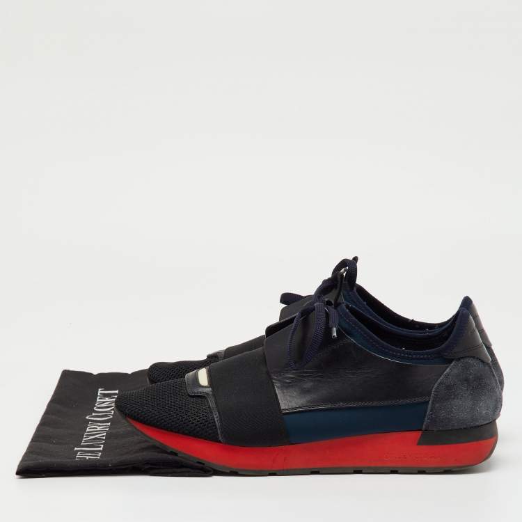 Pre Owned Balenciaga Black/Navy Blue Leather, Neoprene and Mesh Race Runner Sneakers Size 41