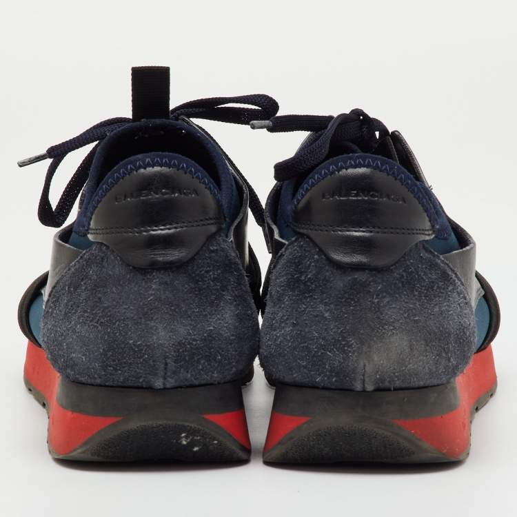 Pre Owned Balenciaga Black/Navy Blue Leather, Neoprene and Mesh Race Runner Sneakers Size 41