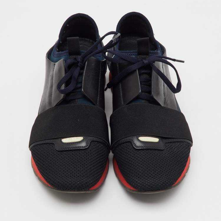 Pre Owned Balenciaga Black/Navy Blue Leather, Neoprene and Mesh Race Runner Sneakers Size 41