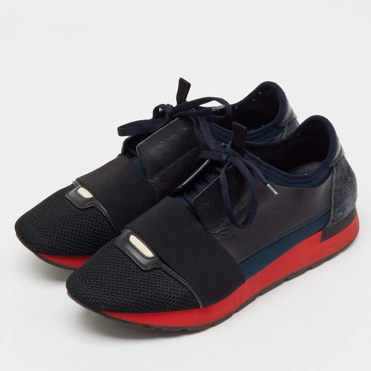 Pre Owned Balenciaga Black/Navy Blue Leather, Neoprene and Mesh Race Runner Sneakers Size 41