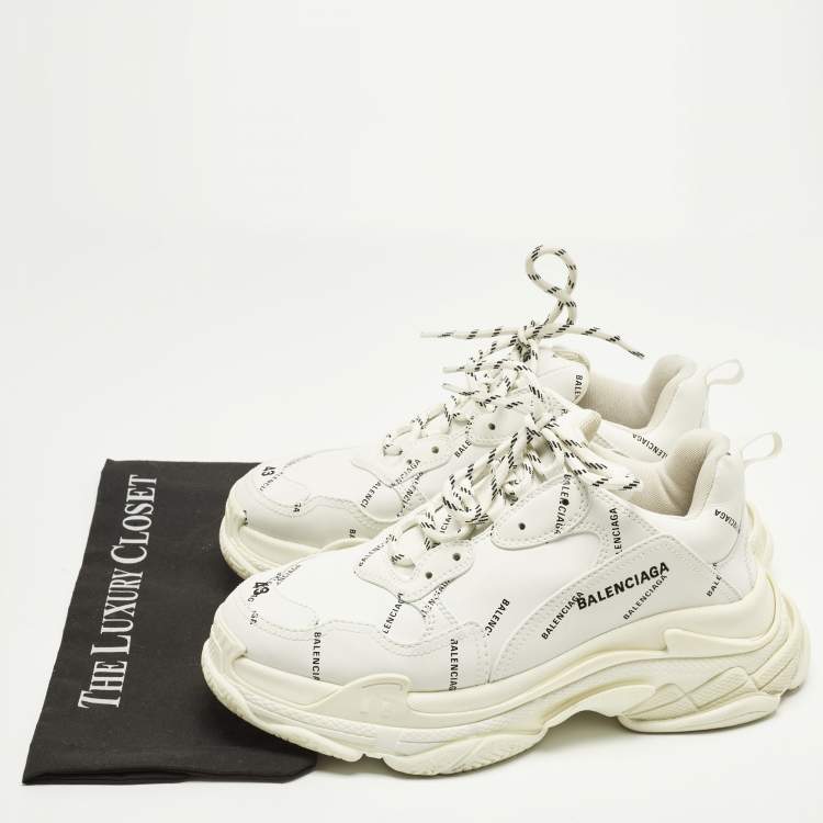 Pre Owned Balenciaga Triple S Size 43 White Allover Logo Faux Leather Low Top Sneakers