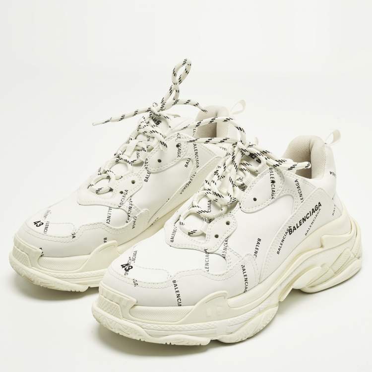 Pre Owned Balenciaga Triple S Size 43 White Allover Logo Faux Leather Low Top Sneakers