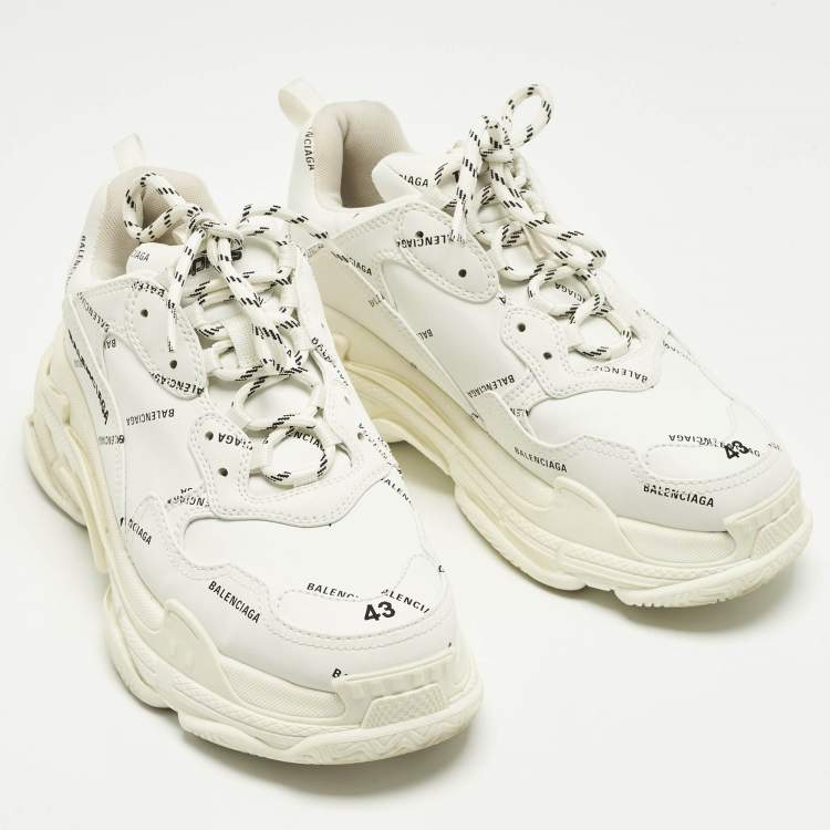 Pre Owned Balenciaga Triple S Size 43 White Allover Logo Faux Leather Low Top Sneakers