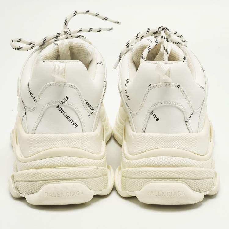 Pre Owned Balenciaga Triple S Size 43 White Allover Logo Faux Leather Low Top Sneakers
