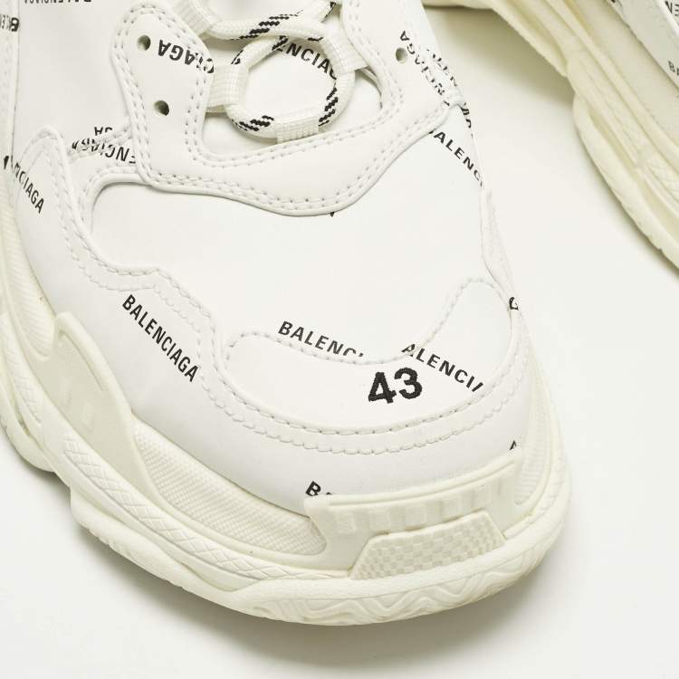 Pre Owned Balenciaga Triple S Size 43 White Allover Logo Faux Leather Low Top Sneakers