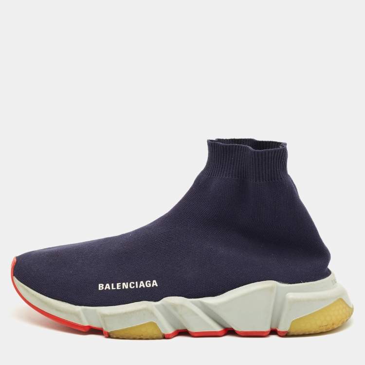 مملوكة مسبقًا Balenciaga Speed Trainer Size 42 Navy Blue Knit Fabric High Top Sneakers