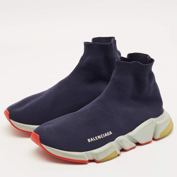 مملوكة مسبقًا Balenciaga Speed Trainer Size 42 Navy Blue Knit Fabric High Top Sneakers