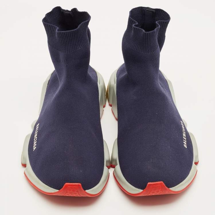 مملوكة مسبقًا Balenciaga Speed Trainer Size 42 Navy Blue Knit Fabric High Top Sneakers