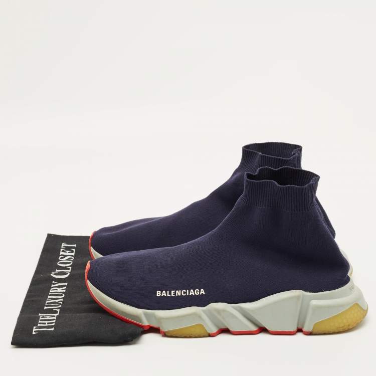 مملوكة مسبقًا Balenciaga Speed Trainer Size 42 Navy Blue Knit Fabric High Top Sneakers