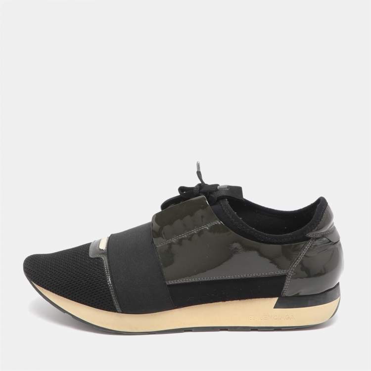 Pre Owned Balenciaga Race Runner Size 43 Black/Olive Mesh and Patent Leather Low Top Sneakers