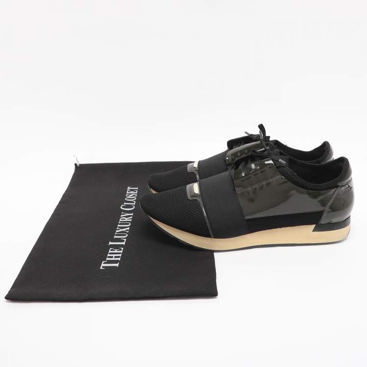 Pre Owned Balenciaga Race Runner Size 43 Black/Olive Mesh and Patent Leather Low Top Sneakers