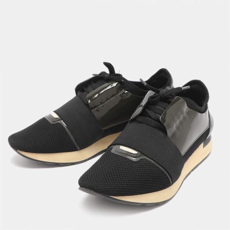 Pre Owned Balenciaga Race Runner Size 43 Black/Olive Mesh and Patent Leather Low Top Sneakers