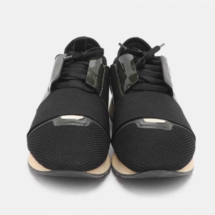 Pre Owned Balenciaga Race Runner Size 43 Black/Olive Mesh and Patent Leather Low Top Sneakers