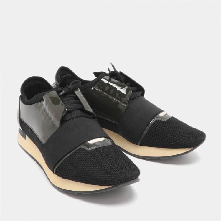 Pre Owned Balenciaga Race Runner Size 43 Black/Olive Mesh and Patent Leather Low Top Sneakers