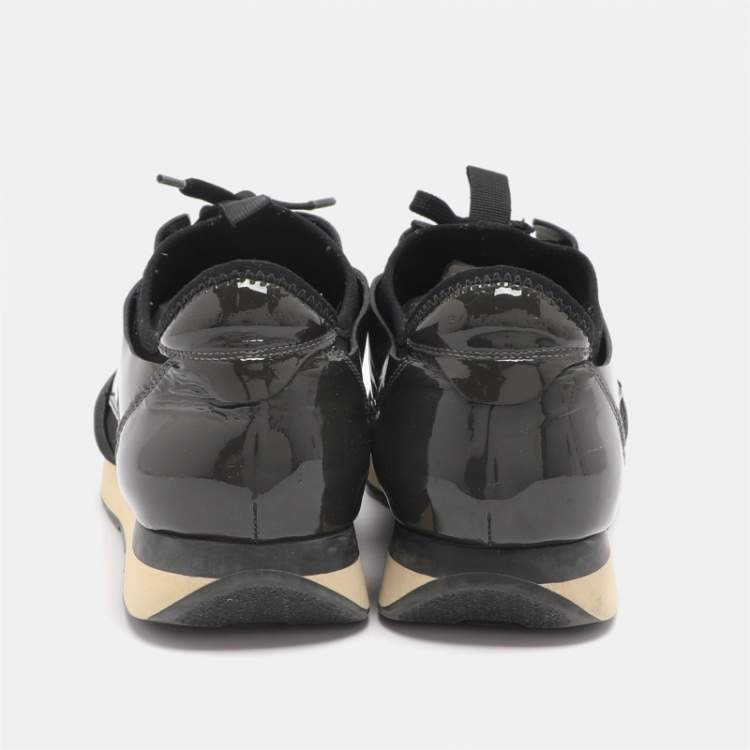 Pre Owned Balenciaga Race Runner Size 43 Black/Olive Mesh and Patent Leather Low Top Sneakers