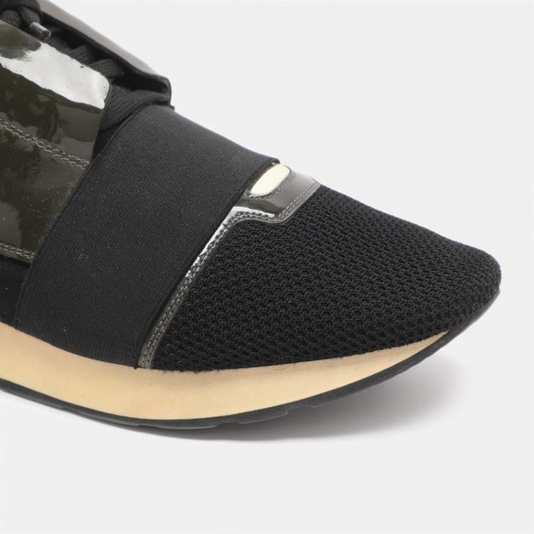 Pre Owned Balenciaga Race Runner Size 43 Black/Olive Mesh and Patent Leather Low Top Sneakers
