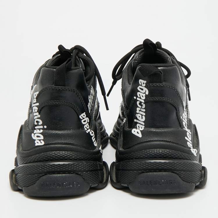 Pre Owned Balenciaga Triple S Allover Logo Size 44 Black Faux Leather Low Top Sneakers
