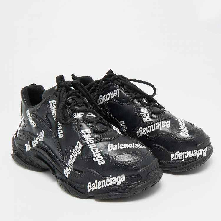 Pre Owned Balenciaga Triple S Allover Logo Size 44 Black Faux Leather Low Top Sneakers