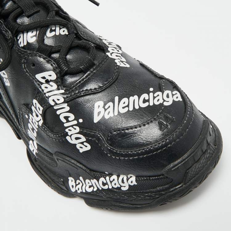 Pre Owned Balenciaga Triple S Allover Logo Size 44 Black Faux Leather Low Top Sneakers