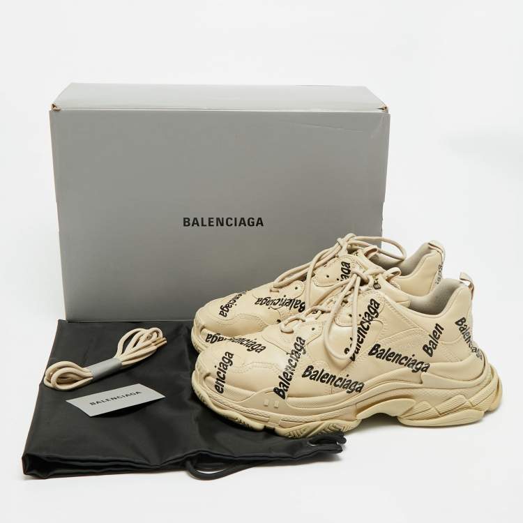 Pre Owned Balenciaga Triple S Allover Logo Size 44 Beige Faux Leather Low Top Sneakers