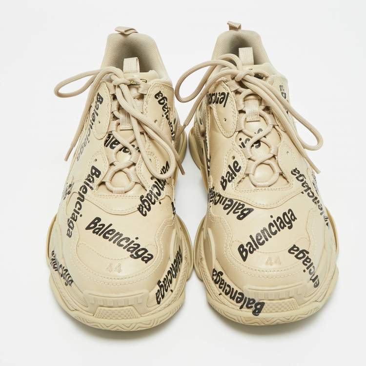 Pre Owned Balenciaga Triple S Allover Logo Size 44 Beige Faux Leather Low Top Sneakers
