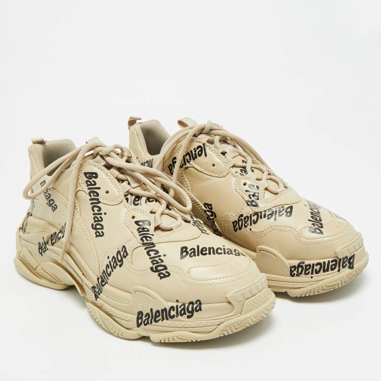 Pre Owned Balenciaga Triple S Allover Logo Size 44 Beige Faux Leather Low Top Sneakers