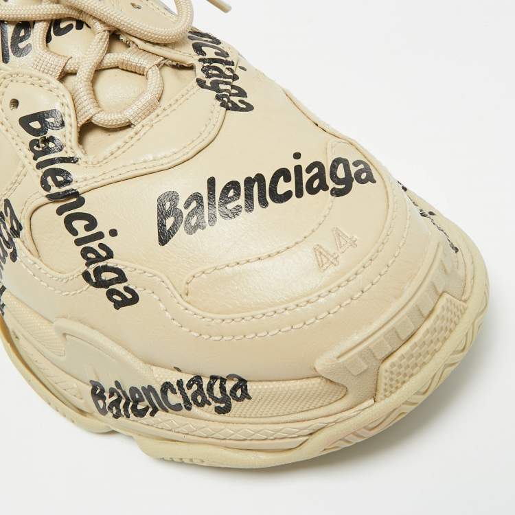 Pre Owned Balenciaga Triple S Allover Logo Size 44 Beige Faux Leather Low Top Sneakers