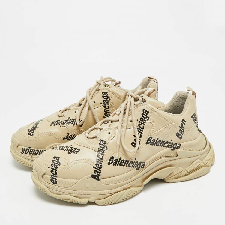 Pre Owned Balenciaga Triple S Allover Logo Size 44 Beige Faux Leather Low Top Sneakers
