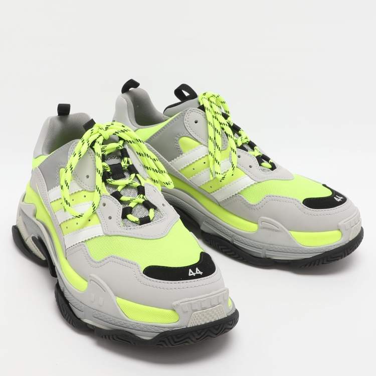 Pre Owned Balenciaga x Adidas Triple S Size 44 Neon Green/Grey Leather and Mesh Low Top Sneakers