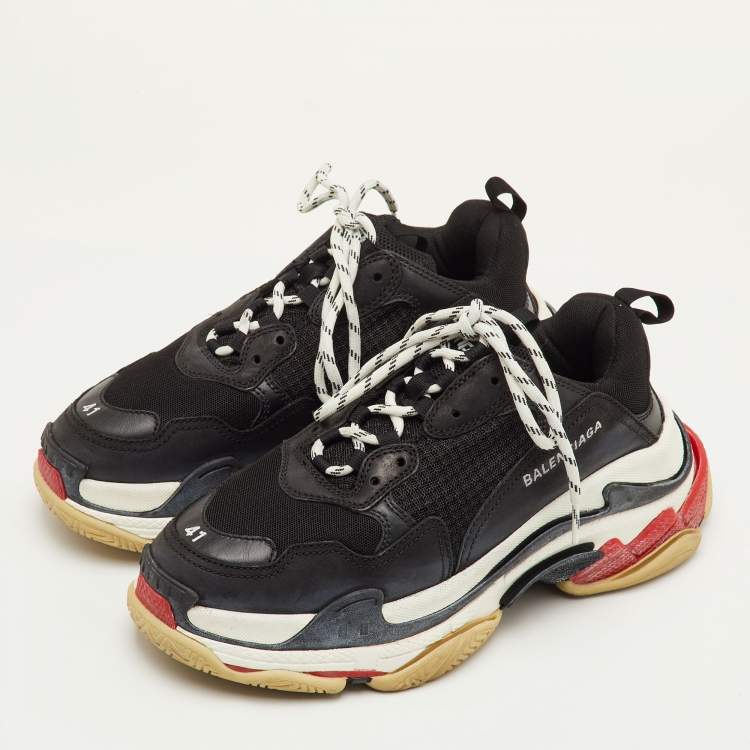 Pre Owned Balenciaga Triple S Size 41 Black Faux Leather and Mesh Lace Up Sneakers